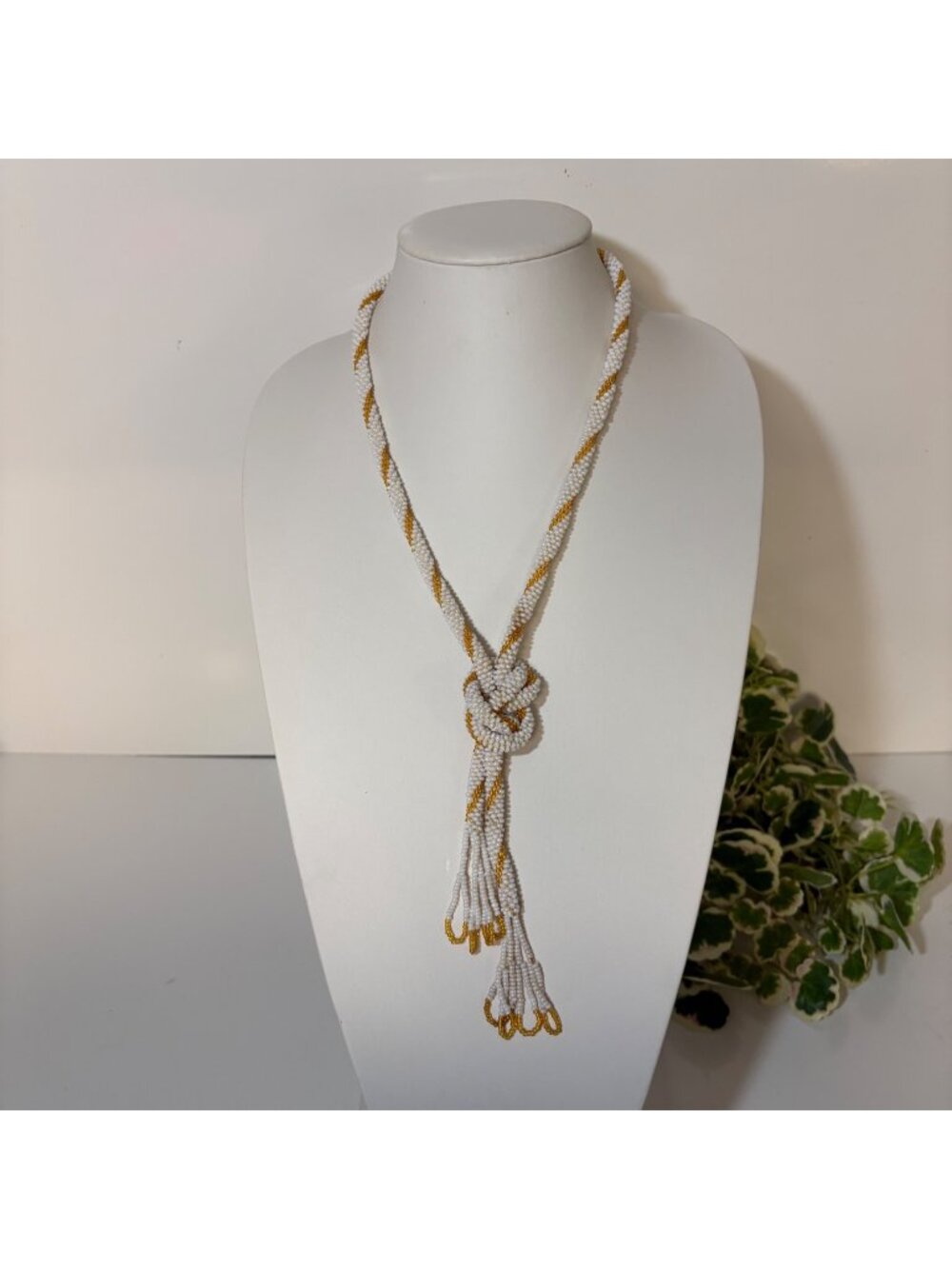 Vintage White Gold Seed Bead Lariat Necklace Boho Tassel Statement Boho Jewelry